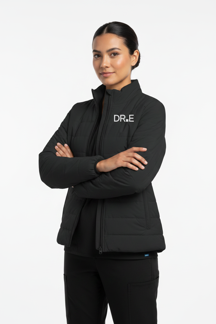 A black quilted zip-up jacket with a stand-up collar and white 'DR.E' text printed on the left chest, displayed against a solid white background.