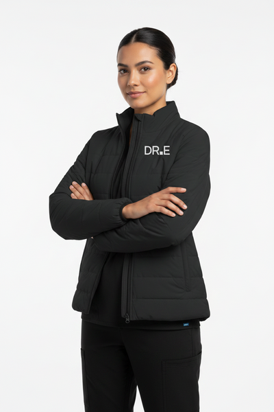 A black quilted zip-up jacket with a stand-up collar and white 'DR.E' text printed on the left chest, displayed against a solid white background.