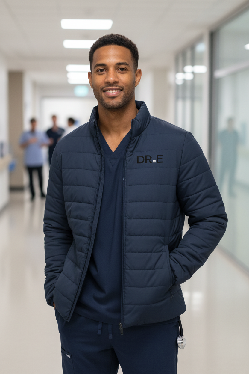 A navy blue quilted zip-up jacket with a stand-up collar and a black 'DR.E' logo printed on the left chest, displayed against a solid white background.