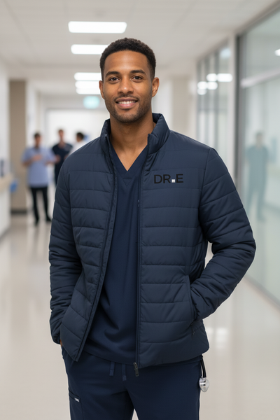 A navy blue quilted zip-up jacket with a stand-up collar and a black 'DR.E' logo printed on the left chest, displayed against a solid white background.