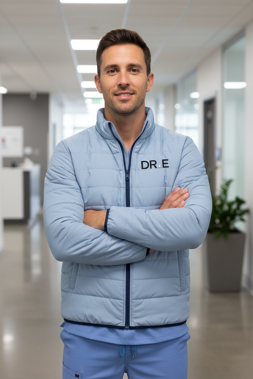 A light blue puffer jacket with a dark navy blue front zipper, black 'DR.E' text on the left chest, and navy blue trim on the collar, cuffs, and zipper, shown against a plain white background.