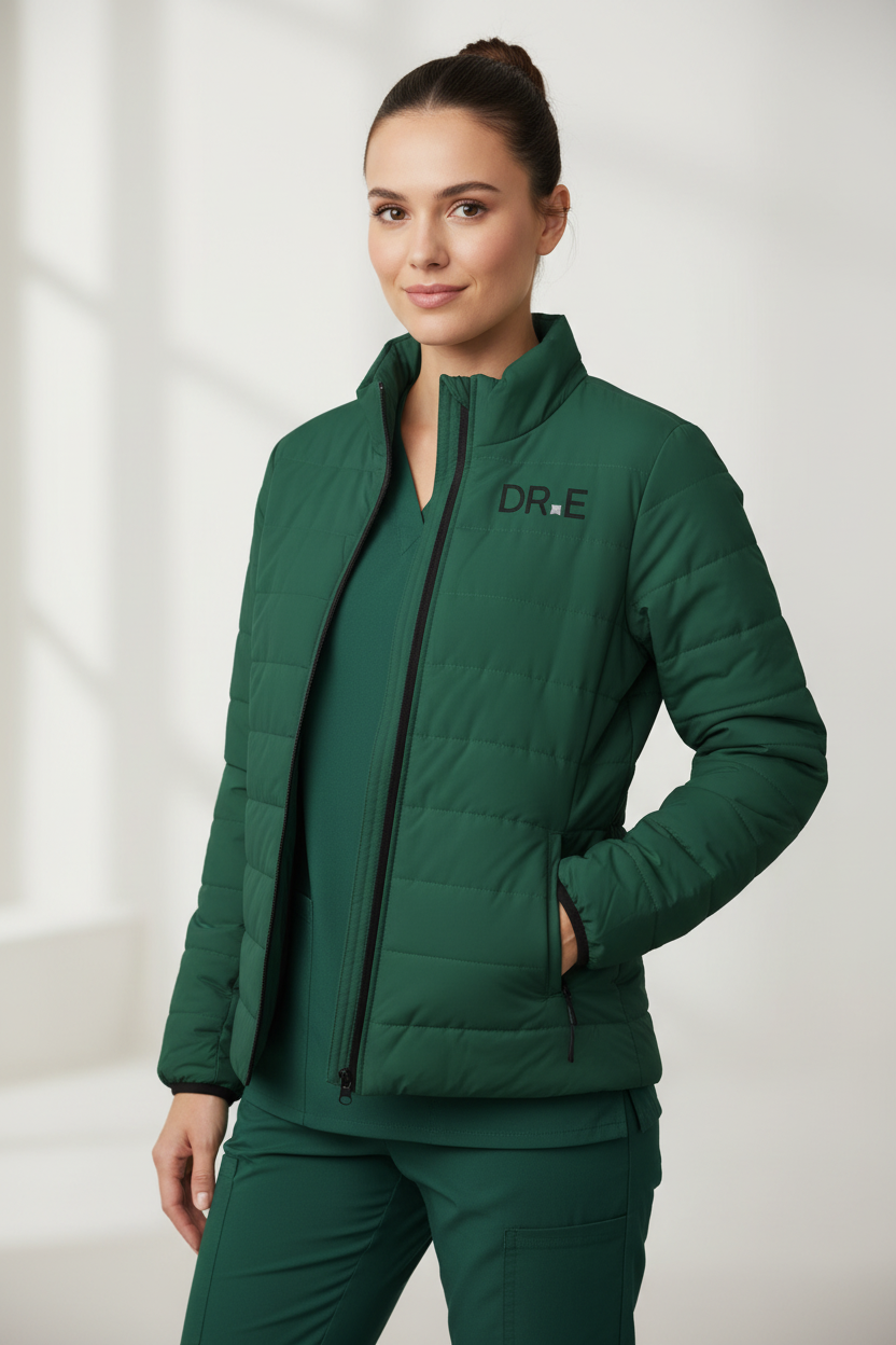 Women's Hunter Green Puffer Jacket — Scrub-Matched Winter Coat for Nurses & Healthcare Workers | DR.E Hibernation