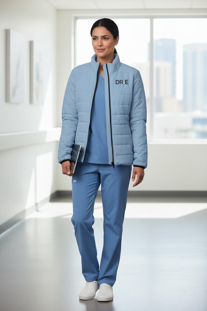 A light blue quilted puffer jacket with a black front zipper, black interior lining, and 'DR.E' printed in black on the left chest, shown against a plain white background.