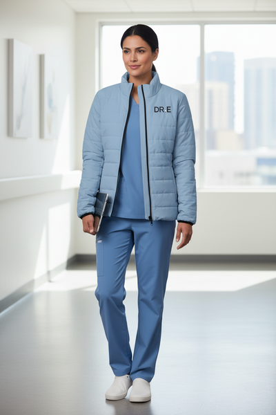 A light blue quilted puffer jacket with a black front zipper, black interior lining, and 'DR.E' printed in black on the left chest, shown against a plain white background.