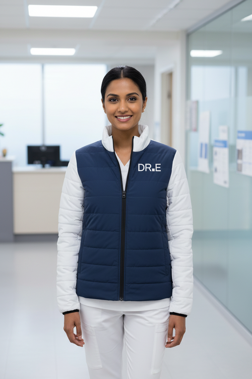 A navy blue and white color-blocked puffer jacket with a black front zipper, white collar, and white 'DR&E' logo on the chest, displayed on a clean white background.