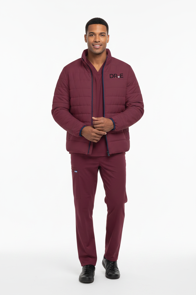A maroon quilted zip-up jacket with a stand-up collar, featuring a dark navy blue front zipper and a black 'DR.E' logo printed on the left chest, displayed against a solid white background.