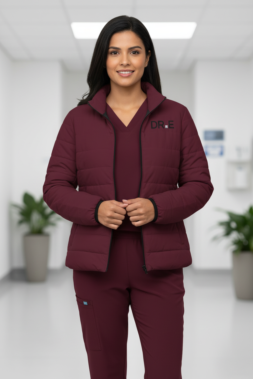A maroon quilted zip-up jacket with a black front zipper, black embroidered 'D.R.