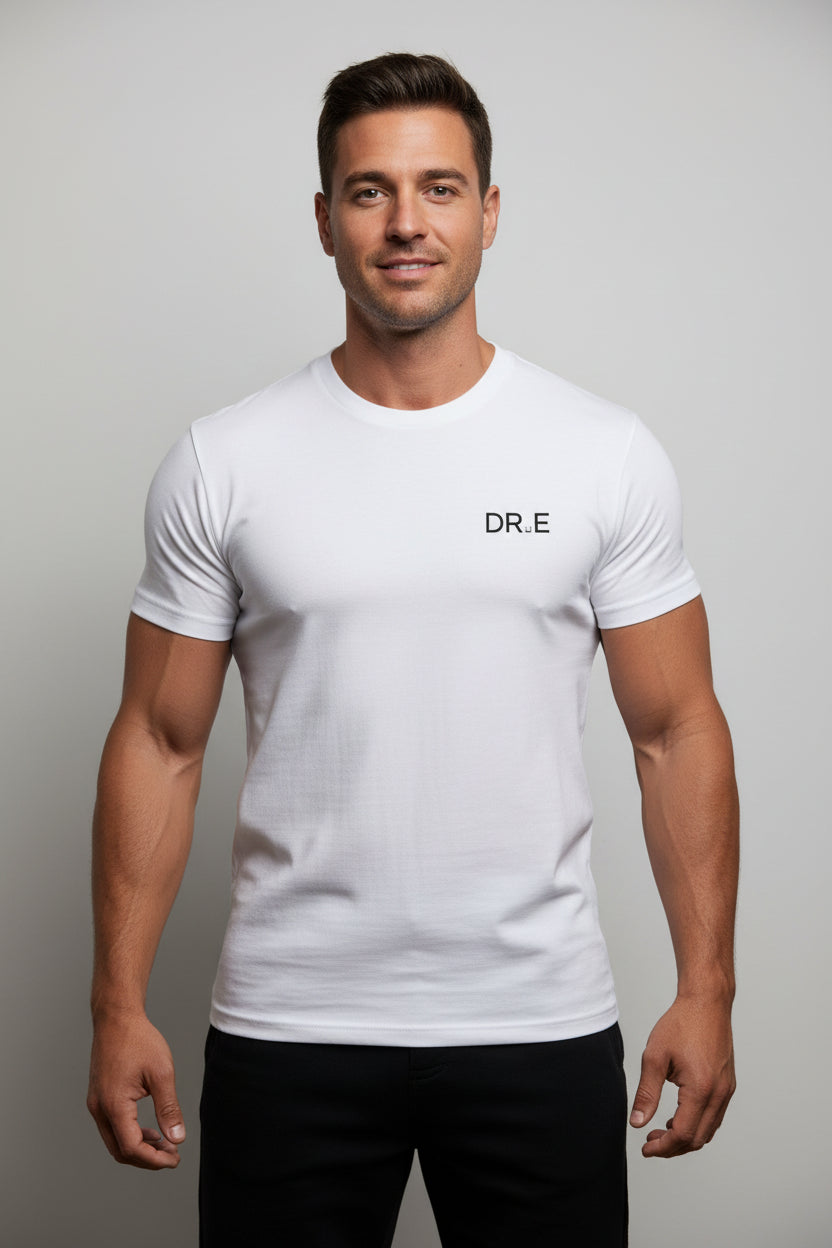 White t-shirt with a brand logo on a white background