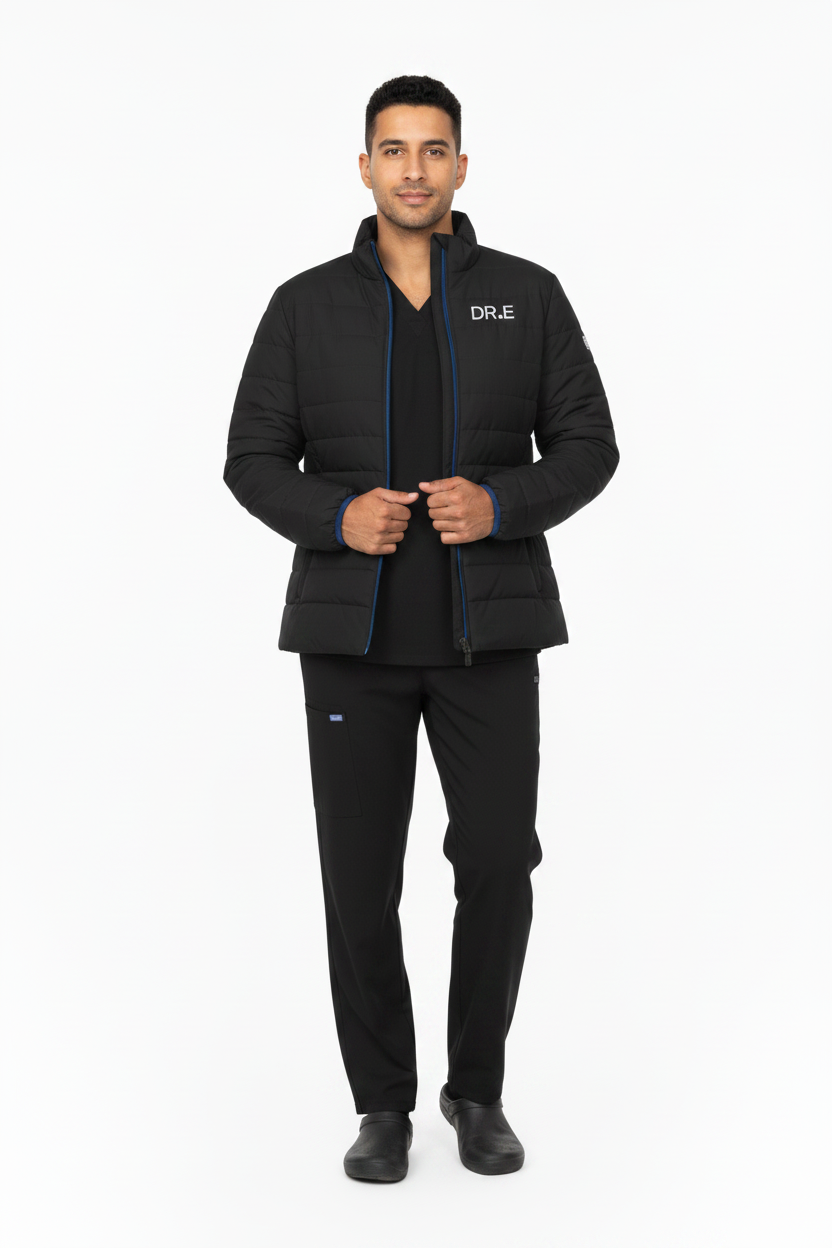 A black quilted zip-up jacket with a white 'DR&E' logo on the left chest, featuring a dark blue zipper and subtle blue trim on the cuffs, shown against a plain white background.