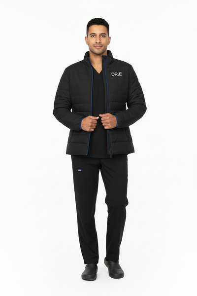 A black quilted zip-up jacket with a white 'DR&E' logo on the left chest, featuring a dark blue zipper and subtle blue trim on the cuffs, shown against a plain white background.