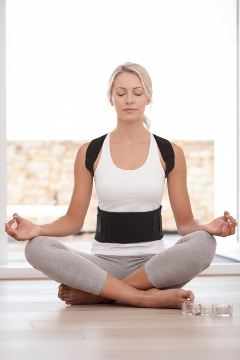 Woman sitting in a yoga pose wearing a black posture corrector.