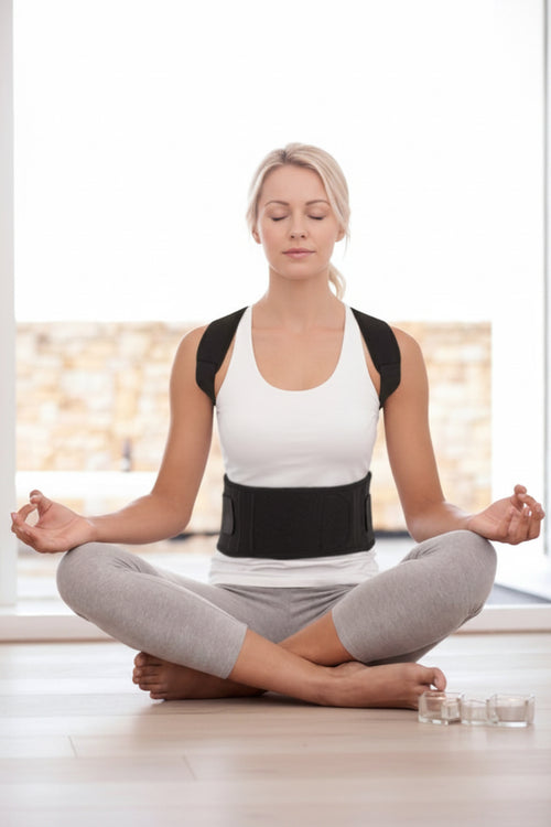 Woman sitting in a yoga pose wearing a black posture corrector.