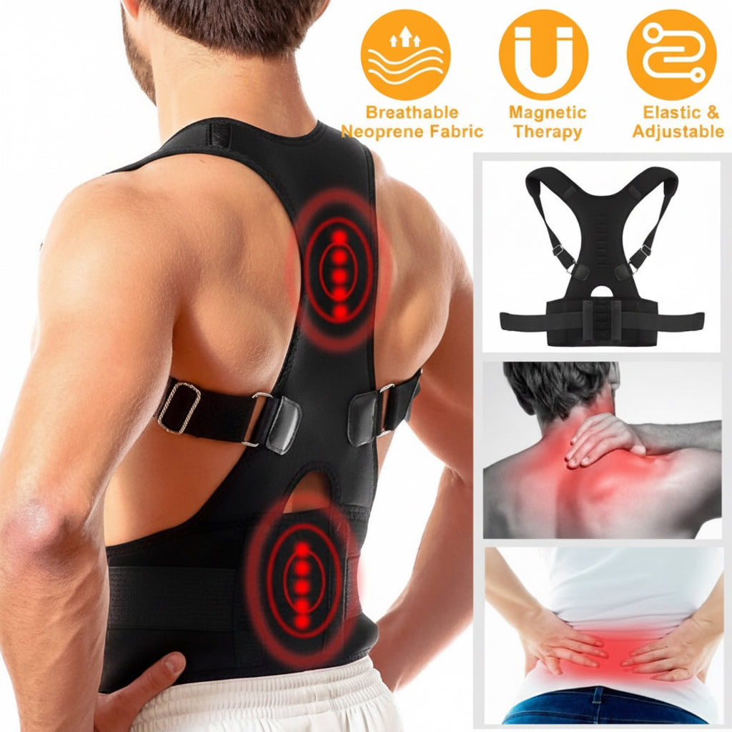 Back brace worn by a person with features highlighted on a white background