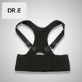A black posture corrector brace with adjustable shoulder straps and a wide waist support belt, shown against a plain white background with a DR.E logo in the top-left corner.