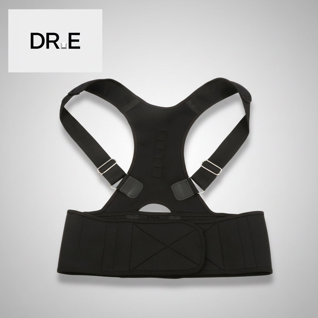 A black posture corrector brace with adjustable shoulder straps and a wide waist support belt, shown against a plain white background with a DR.E logo in the top-left corner.