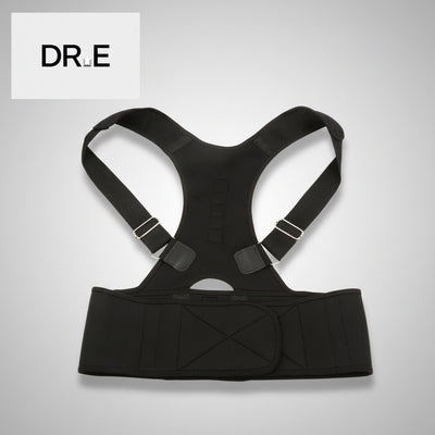 A black posture corrector brace with adjustable shoulder straps and a wide waist support belt, shown against a plain white background with a DR.E logo in the top-left corner.