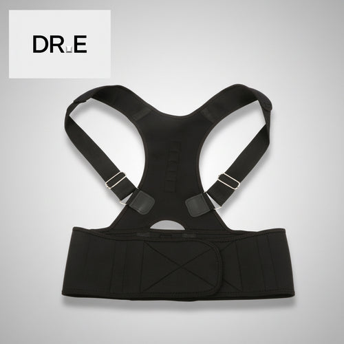 A black posture corrector brace with adjustable shoulder straps and a wide waist support belt, shown against a plain white background with a DR.E logo in the top-left corner.